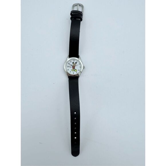 Disney Unisex Black Leather Band Mickey Mouse Round Analog Quartz Wristwatch - Picture 1 of 6